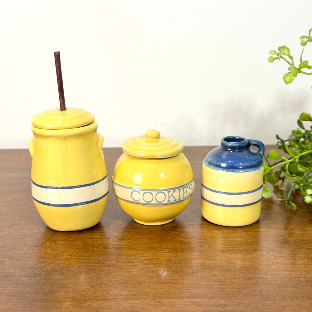 Vintage Tender Heart Treasure Miniature Yellow Canisters Pottery THT 1995 Mini
